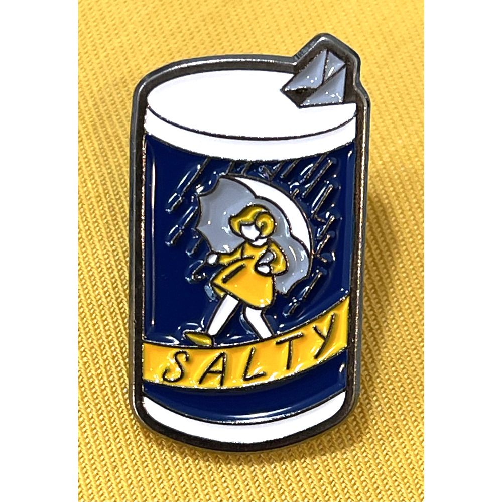 NWOT Retro Blue Enamel Lapel Pin Brooch SALTY Girl Umbrella Rain Silver Toned